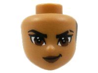 LEGO onderdeel Mini Doll, Head Friends with Black Hair on Back, Black Eyebrows with Scar on Left, Reddish Brown Eyes and Lips and Closed Mouth Pattern 72401