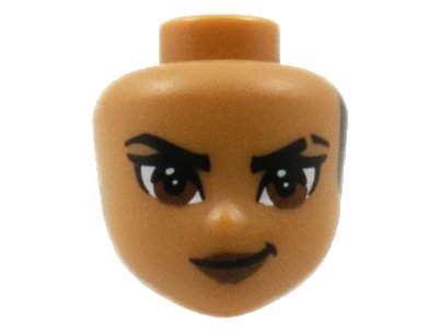 LEGO onderdeel Mini Doll, Head Friends with Black Hair on Back, Black Eyebrows with Scar on Left, Reddish Brown Eyes and Lips and Closed Mouth Pattern (72401)