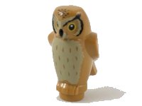 LEGO part Owl, Angular Features with Black Beak and Forehead Spots, Yellow Eyes, and Tan Chest Feathers Pattern 92084pb04