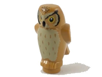 LEGO onderdeel Owl, Angular Features with Black Beak and Forehead Spots, Yellow Eyes, and Tan Chest Feathers Pattern (92084pb04)