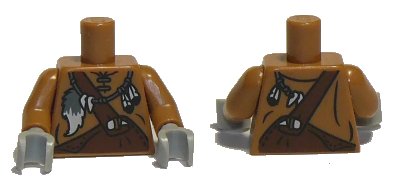LEGO onderdeel Torso Leather Shirt with Reddish Brown Overalls and Feathers and Tail Pattern / Medium Nougat Arms / Light Bluish Gray Hands (973pb1601c01)