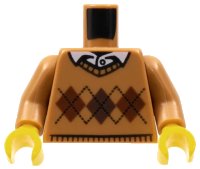 LEGO part Torso Knit Argyle Sweater with White Shirt Collar and Button Pattern / Medium Nougat Arms / Yellow Hands 973pb2342c01