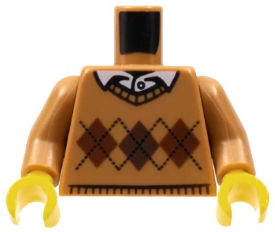 LEGO onderdeel Torso Knit Argyle Sweater with White Shirt Collar and Button Pattern / Medium Nougat Arms / Yellow Hands (973pb2342c01)