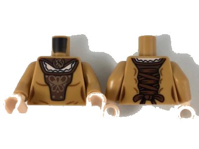 LEGO onderdeel Torso Female, Dress with Dark Brown Cape and Front Panel, Copper Badger Brooch and Design Pattern / Medium Nougat Arms / Light Nougat Hands (973pb3289c01)