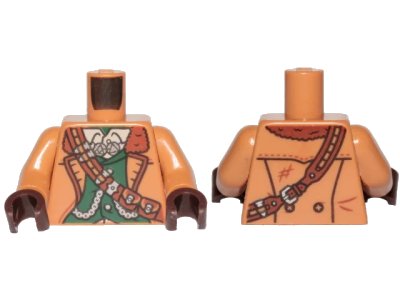 LEGO onderdeel Torso Jacket with Fur Collar, Dark Green Vest and Reddish Brown Diagonal Belt Pattern / Medium Nougat Arms / Dark Brown Hands (973pb3905c01)