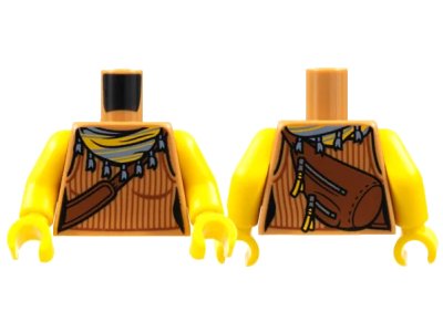 LEGO onderdeel Torso Female Tank Top with Reddish Brown Ribbing and Shoulder Bag, Sand Blue Scarf with Tassels, Yellow Stripes Pattern / Yellow Arms / Yellow Hands (973pb4390c01)
