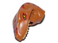 LEGO part Dinosaur Head Raptor with Pin Hole with Tan Teeth and Dark Orange and Dark Brown Stripes Pattern 98065pb01
