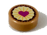 LEGO part Tile, Round 1 x 1 with Pastry, Magenta Heart on Bright Light Yellow Icing Pattern 98138pb094