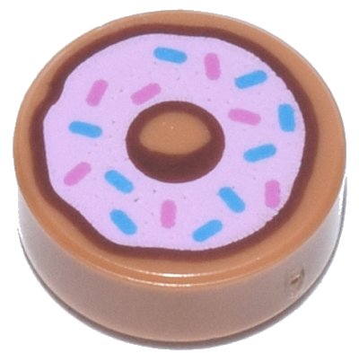 LEGO part Tile, Round 1 x 1 with Donut / Doughnut with Bright Pink Frosting and Dark Azure and Dark Pink Sprinkles Pattern (98138pb182)