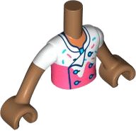 LEGO part Torso Mini Doll Boy White and Coral Chef Shirt with Dark Turquoise and Coral Sprinkles Pattern, Medium Nougat Arms with Hands with White Short Sleeves FTBpb084c01