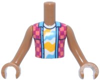 LEGO onderdeel Torso Mini Doll Boy Coral and Magenta Checkered Sleeveless Shirt Open over White Undershirt with Bright Light Orange and Medium Azure Shapes Pattern, Medium Nougat Arms with Hands FTBpb145c01