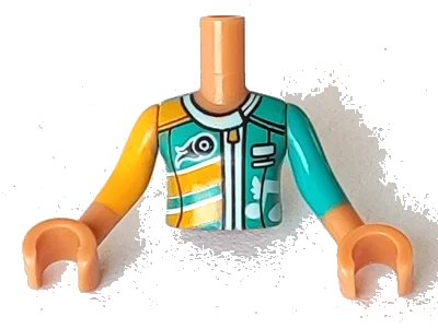 LEGO onderdeel Torso Mini Doll Girl Bright Light Orange and Dark Turquoise Racing Jacket Pattern, Medium Nougat Arms with Hands with Bright Light Orange Right Sleeve, Dark Turquoise Left Sleeve (FTGpb189c01)