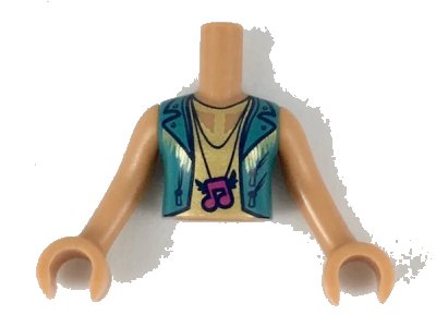 LEGO onderdeel Torso Mini Doll Girl Gold Top with Dark Turquoise Vest, Magenta Music Note Necklace Pattern, Medium Nougat Arms with Hands (FTGpb216c01)