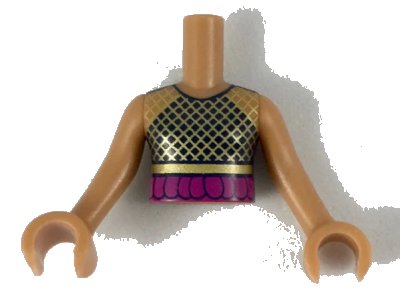 LEGO onderdeel Torso Mini Doll Girl Black Top with Gold Mesh, Magenta Ruffle Pattern, Medium Nougat Arms with Hands (FTGpb219c01)