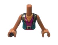 LEGO part Torso Mini Doll Girl Dark Turquoise Vest over Magenta V-Neck, Black Belt, Gold Buckle and Necklace Pattern, Medium Nougat Arms with Hands FTGpb273c01