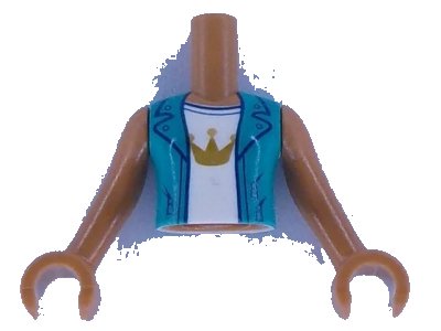 LEGO onderdeel Torso Mini Doll Girl Dark Turquoise Jacket over White Top with Gold Crown Pattern, Medium Nougat Arms with Hands (FTGpb299c01)