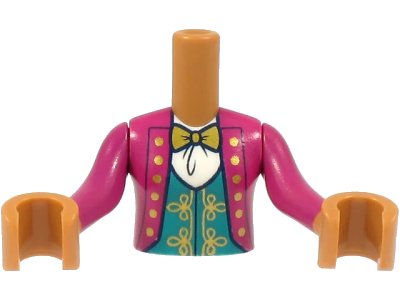 LEGO onderdeel Torso Mini Doll Girl Magenta Jacket with Gold Buttons and Bow Tie, Dark Turquoise Vest Pattern, Medium Nougat Arms with Hands with Magenta Sleeves (FTGpb325c01)