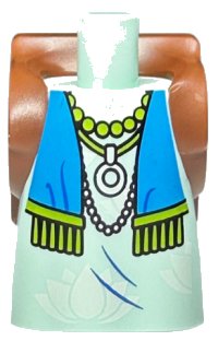 LEGO part Body Short Dress with Arm Pin Holes with Molded Reddish Brown Backpack and Printed White Flowers, Dark Azure Scarf with Lime Tassels, and Necklaces Pattern 100453pb01