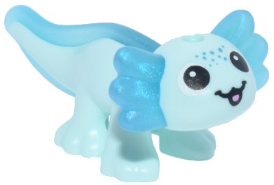 LEGO onderdeel Salamander, Friends Stijl, Axolotl met Gesmolten Satijn Trans-Lichtblauw Vin en Kieuwen en Afgedrukte Zwarte Ogen en Mond, Donkerturquoise Vlekken, Helder Roze Tong Patroon (114542pb02)