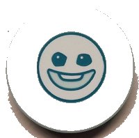 LEGO part Tile, Round 2 x 2 with Bottom Stud Holder with Dark Turquoise Snowgie Face and White Sparkles / Stars Pattern 14769pb664