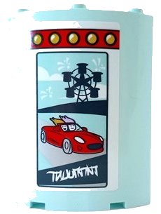 LEGO part Cylinder Quarter 4 x 4 x 6 with Red Strip of Lights, Sports Car, Dark Blue Ferris Wheel Silhouette and White Writing Pattern Model Left Side (Sticker) - Set 41448 (30562pb097L)