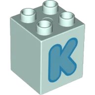 LEGO part Duplo, Brick 2 x 2 x 2 with Medium Azure Capital Letter K with Dark Azure Outline Pattern 31110pb153