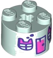 LEGO part Brick, Round 2 x 2 with Axle Hole with Dark Pink and Dark Purple Door, Paint Spots and Windows with Cat Ears Pattern 3941pb51