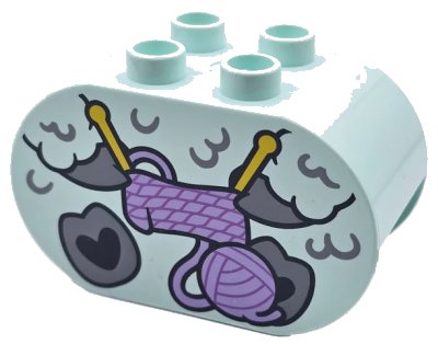 LEGO onderdeel Duplo, Brick 2 x 4 x 2 Rounded Ends with Light Bluish Gray Hooves and Fur, Yellow Knitting Needles, and Lavender Ball of Yarn, Sheep / Lamb Body Pattern (4198pb57)