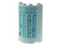 LEGO part Cylinder Half 2 x 4 x 5 with 1 x 2 Cutout with Medium Azure Star, Filigree, and Columns, Gold Sparkles, Metallic Light Blue Bubbles Pattern 85941pb024