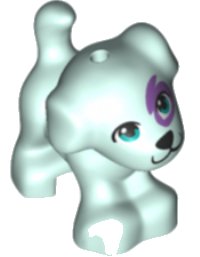 LEGO part Dog, Friends, Puppy, Standing with Dark Azure Eyes, Black Nose and Mouth, Medium Lavender Patch Pattern 93088pb12