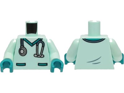 LEGO onderdeel Torso Hospital Scrubs with Dark Turquoise Pockets and Collar and Sand Blue and Silver Stethoscope Pattern / Light Aqua Arms / Dark Turquoise Hands (973pb4354c01)