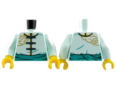 LEGO onderdeel Torso Tang Jacket, Dark Turquoise Laces and Sash, Gold Trim, Rabbit, and Cloud Pattern / Light Aqua Arms / Yellow Hands (973pb5020c01)