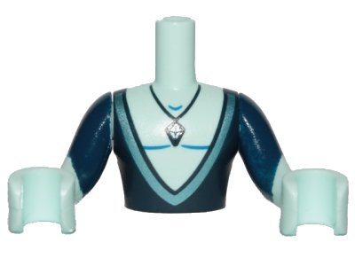 LEGO part Torso Mini Doll Man Dark Blue Top Deeply Cut and Crystal Necklace Pattern, Light Aqua Arms with Hands with Dark Blue Sleeves (FTMpb043c01)