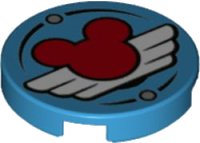 LEGO part Tile, Round 2 x 2 with Bottom Stud Holder with Red Mickey Mouse Logo and White Pilot Wings Pattern 14769pb420