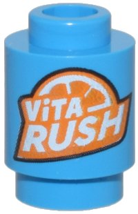 LEGO part Brick, Round 1 x 1 with Orange and White 'ViTA RUSH' Logo Pattern 3062pb079