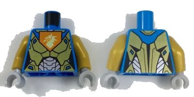 LEGO onderdeel Torso Female Nexo Armor Gold and Silver with Dragon Head on Orange Pentagonal Shield Pattern / Pearl Gold Arms / Light Bluish Gray Hands (973pb2729c01)