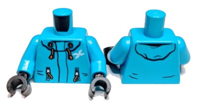 LEGO onderdeel Torso Jacket with Hood, White Letter X, Orange Zippers and Drawstrings Pattern / Dark Azure Arms / Black Hands (973pb3412c01)