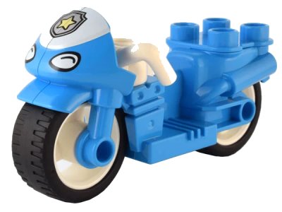 LEGO onderdeel Duplo Motorcycle with Rubber Wheels, White Handlebars, Headlights, and Windscreen with Police Star Badge Logo Pattern (dupmc3pb10)