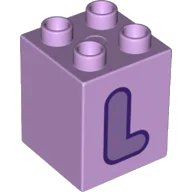 LEGO part Duplo, Brick 2 x 2 x 2 with Medium Lavender Capital Letter L with Dark Purple Outline Pattern 31110pb154