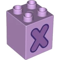 LEGO part Duplo, Brick 2 x 2 x 2 with Medium Lavender Capital Letter X with Dark Purple Outline Pattern 31110pb167
