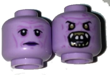 LEGO onderdeel Minifigure, Head Dual Sided Alien with Black Eyes, Purple Lips Neutral / Monster Open Mouth with Teeth, Fangs Pattern (3626pb1652)
