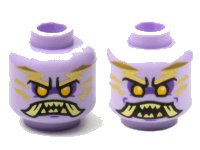 LEGO part Minifigure, Head Dual Sided Alien Ninjago Islander with Gold Tattoos, Bright Light Orange Eyes, Dark Purple Eye Shadow, Tan Teeth and Tusks, Closed Mouth / Open Mouth Pattern - Hollow Stud 3626pb2783