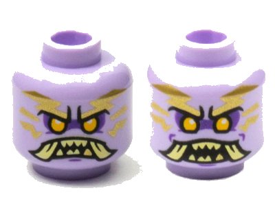 LEGO onderdeel Minifigure, Head Dual Sided Alien Ninjago Islander with Gold Tattoos, Bright Light Orange Eyes, Dark Purple Eye Shadow, Tan Teeth and Tusks, Closed Mouth / Open Mouth Pattern - Hollow Stud (3626pb2783)