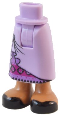 LEGO onderdeel Mini Doll Hips and Skirt Long with Molded Medium Nougat Legs and Printed Black Shoes and Pinned Up Seams with Brooch over Magenta and Medium Lavender Stripes with Diamonds and Triangles Pattern - Thick Hinge 59595c00pb20