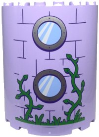 LEGO onderdeel Cylinder Half 3 x 6 x 6 with 1 x 2 Cutout with Bright Green Grass and Vines, 2 Bright Light Blue Round Windows with Silver Frames, and Dark Purple Bricks Pattern 87926pb027