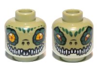 LEGO part Minifigure, Head Dual Sided Alien Chima Crocodile with Bright Light Orange Eyes, Yellowish Green Lower Jaw, Dark Green Scales, and White Sharp Teeth, Wide / Narrow Eyes Pattern 3626pb0885