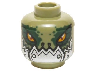 LEGO onderdeel Minifigure, Head Alien Chima Crocodile with Dark Green Rimmed Eyes and Metallic Silver Plates with Rivets Lower Jaw Pattern (3626pb1279)
