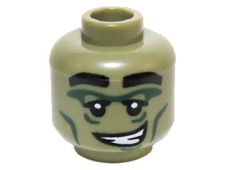 LEGO onderdeel Minifigure, Head Alien with Black Eyebrows, Dark Green Eye and Cheek Lines, Crooked Smile with Teeth Pattern (3626pb1411)