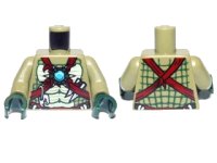 LEGO onderdeel Torso Bare Chest with Muscles, Dark Red Straps, White Spikes and Dark Azure Round Jewel (Chi) Pattern / Olive Green Arms / Dark Green Hands 973pb1361c01