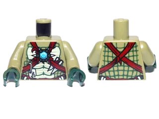 LEGO onderdeel Torso Bare Chest with Muscles, Dark Red Straps, White Spikes and Dark Azure Round Jewel (Chi) Pattern / Olive Green Arms / Dark Green Hands (973pb1361c01)